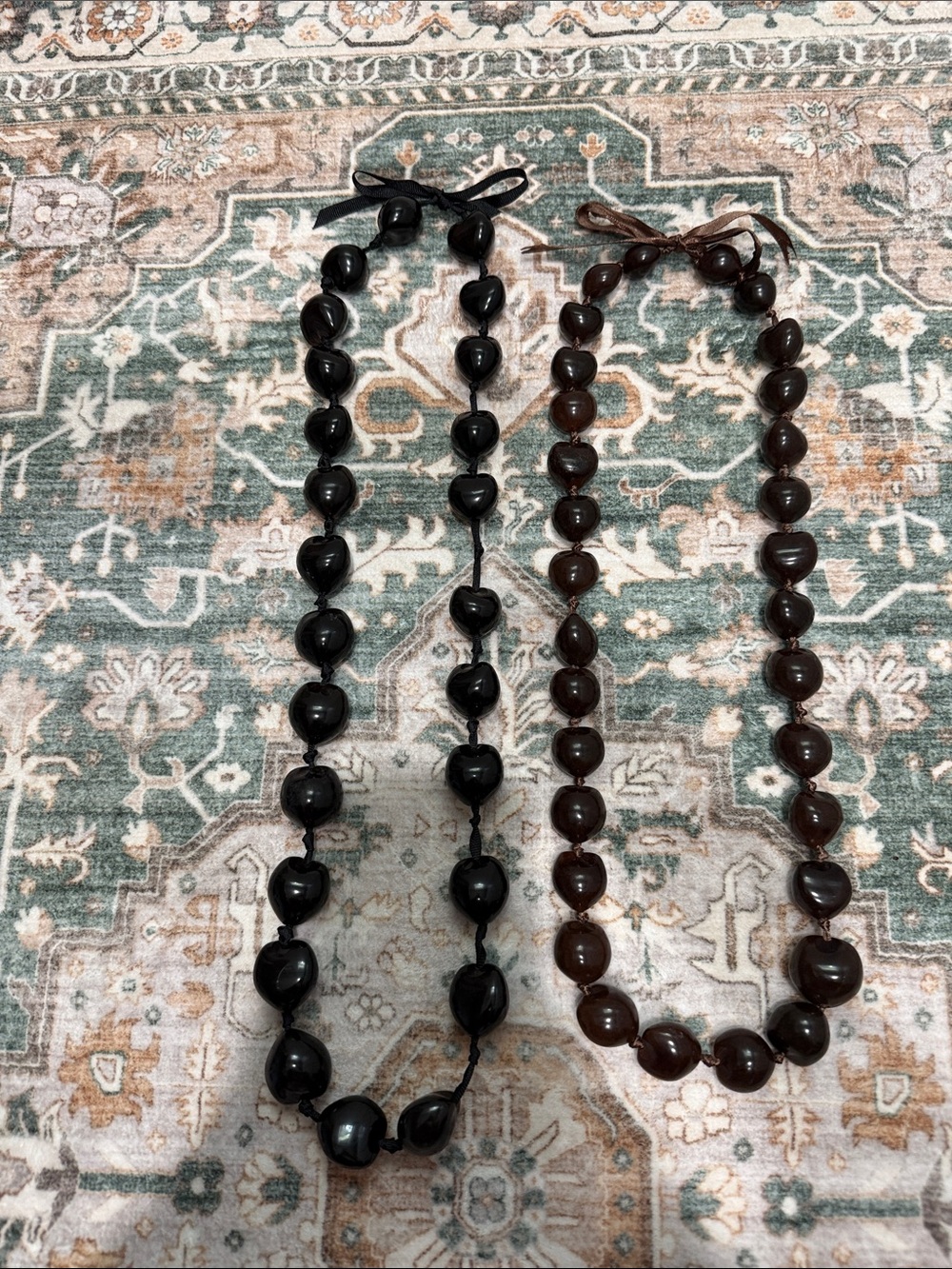 Vintage Hawaiian Kukui Nut Lei Necklace Pair Black & Brown Ribbon Tie Boho Luau